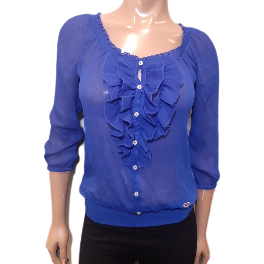 Hollister Smocked Ruffled Top Sheer Blouse Off Shoulder Buttoned Size XS